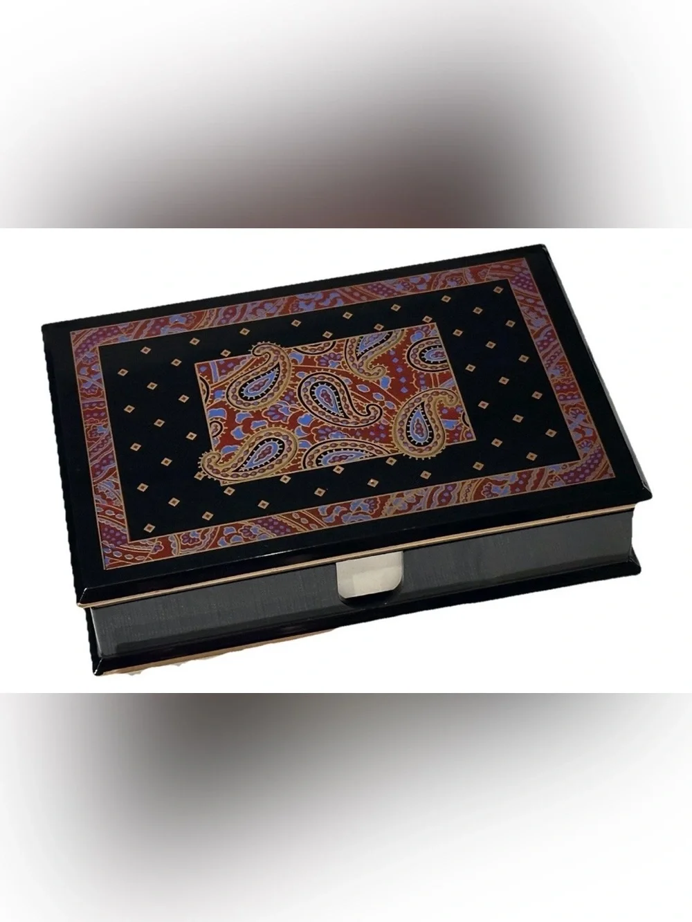 NEW VINTAGE ART DECO PAISLEY ENAMEL STATIONARY BOX OTAGIRI JAPAN DESK OBJECT